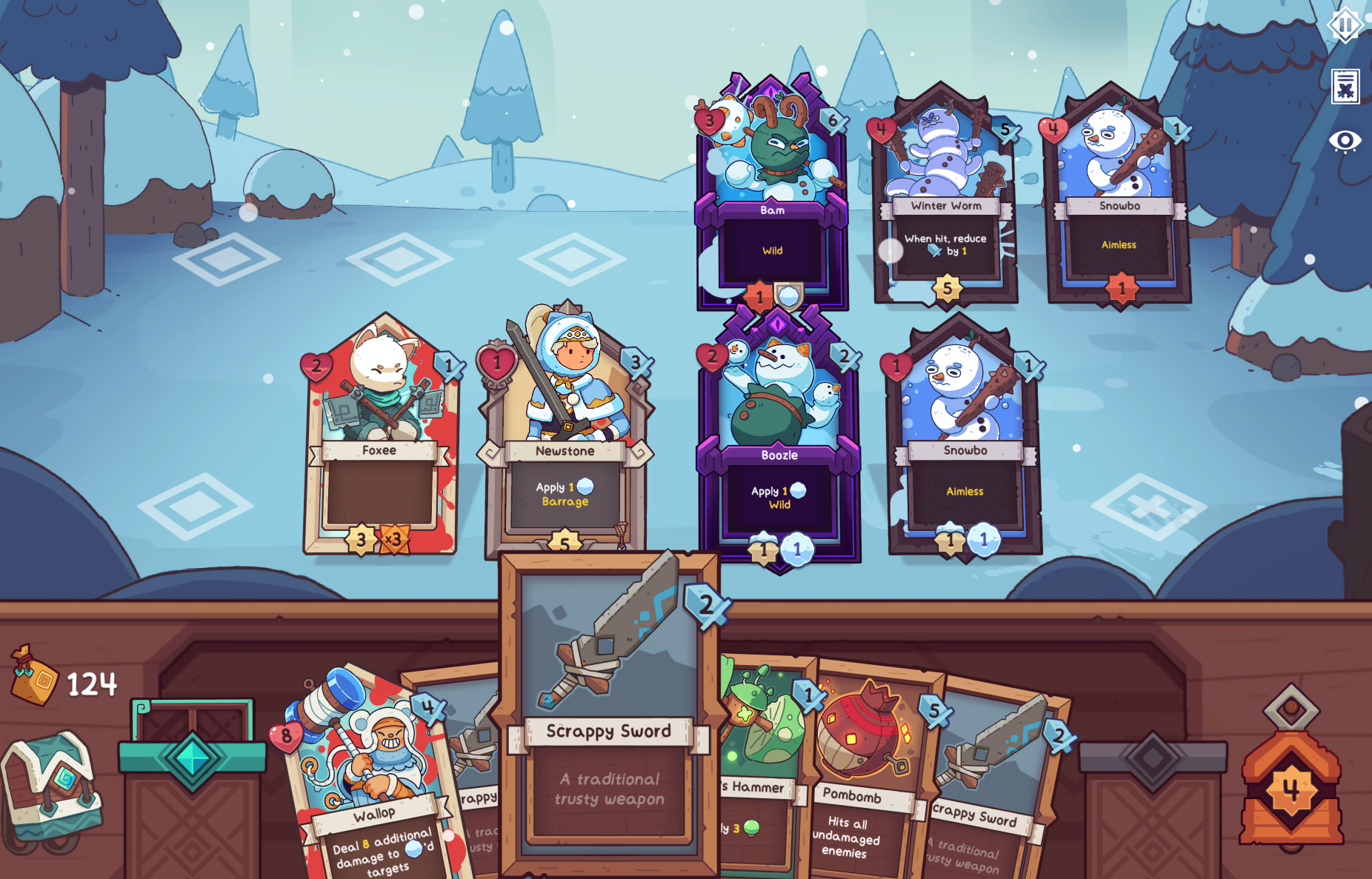 A turn-based strategy game screen from Wildfrost, showing character cards and a weapon card against a snowy background.