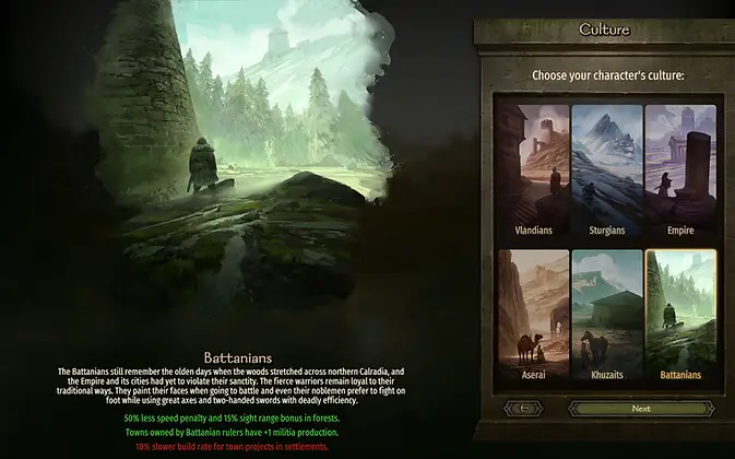 The culture selection screen on the Battanians in Bannerlord