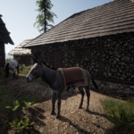 A donkey standing in the sun, right next to a house, in Medieval Dynasty
