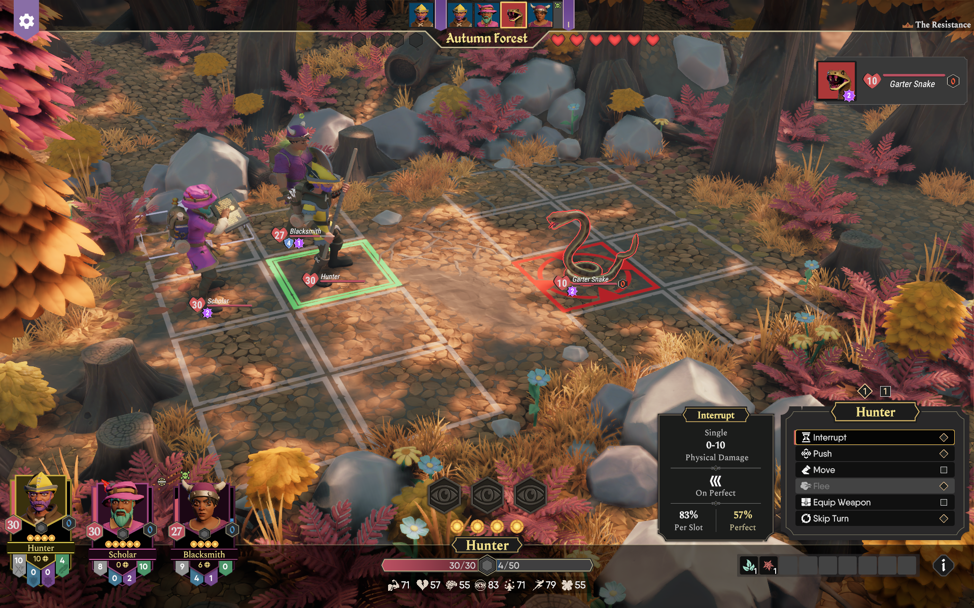 Gameplay screenshot from *For The King 2*, featuring characters in an Autumn Forest battling a Garter Snake.