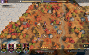 A colorful game map of "For The King 2" set in an autumn forest, featuring character icons, locations, and a turn-based interface.