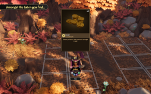 Screenshot from For The King 2 showing a character encountering gold coins with an information panel about the currency.