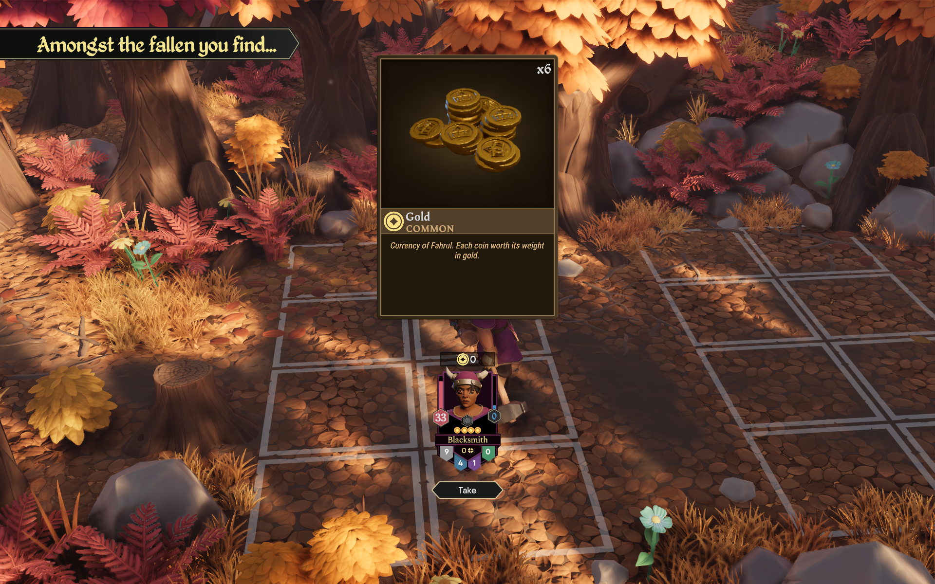 Screenshot from For The King 2 showing a character encountering gold coins with an information panel about the currency.