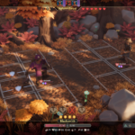 Two characters stand on a grid in an autumn forest setting in the game *For The King 2*, displaying health and status indicators.