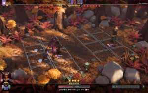 Two characters stand on a grid in an autumn forest setting in the game *For The King 2*, displaying health and status indicators.