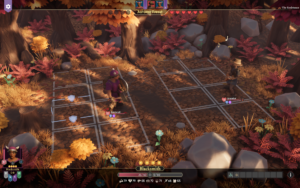 Gameplay scene from For The King 2, featuring two characters, Blacksmith and Scoundrel, in an autumn forest.