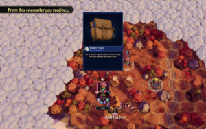 Screenshot from "For The King 2" showing a "Tinder Pouch" item reward with description, alongside characters on a hexagonal map.