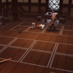A video game scene depicting a character standing in a tavern with fallen allies on the floor and a grid layout.