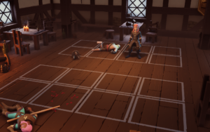 A video game scene depicting a character standing in a tavern with fallen allies on the floor and a grid layout.