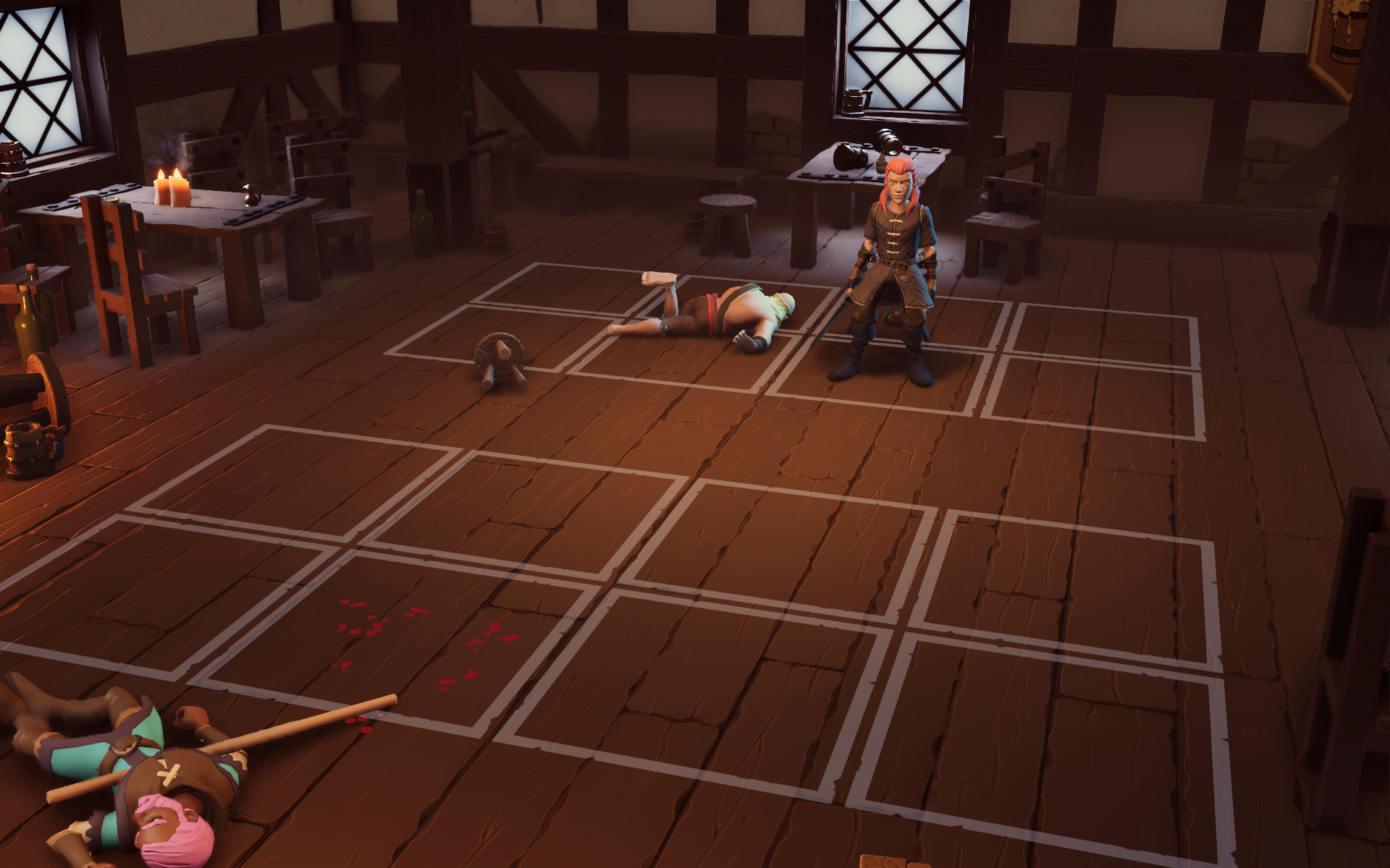 A video game scene depicting a character standing in a tavern with fallen allies on the floor and a grid layout.