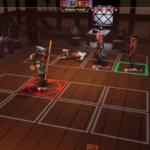 Gameplay screenshot from "For The King 2," featuring characters in a turn-based battle in a tavern setting.