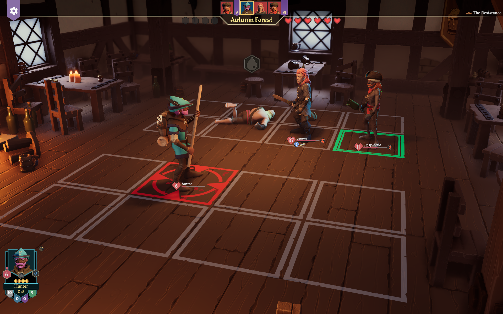 Gameplay screenshot from "For The King 2," featuring characters in a turn-based battle in a tavern setting.