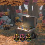 A treasure chest surrounded by colorful plants, with character panels at the bottom displaying their names and stats.