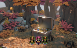 A treasure chest surrounded by colorful plants, with character panels at the bottom displaying their names and stats.