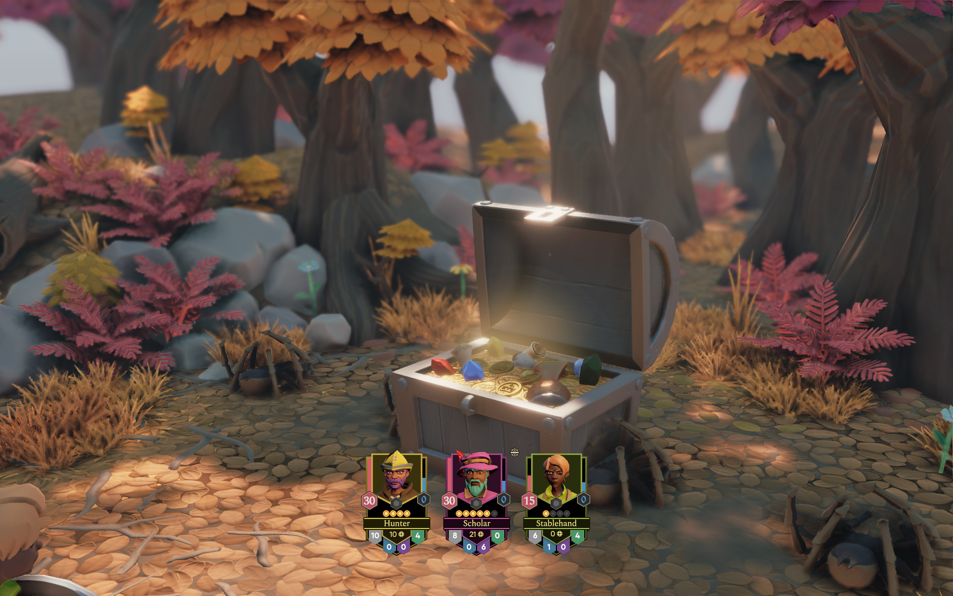 A treasure chest surrounded by colorful plants, with character panels at the bottom displaying their names and stats.