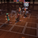 Turn-based battle with characters in a tavern setting from For The King 2.