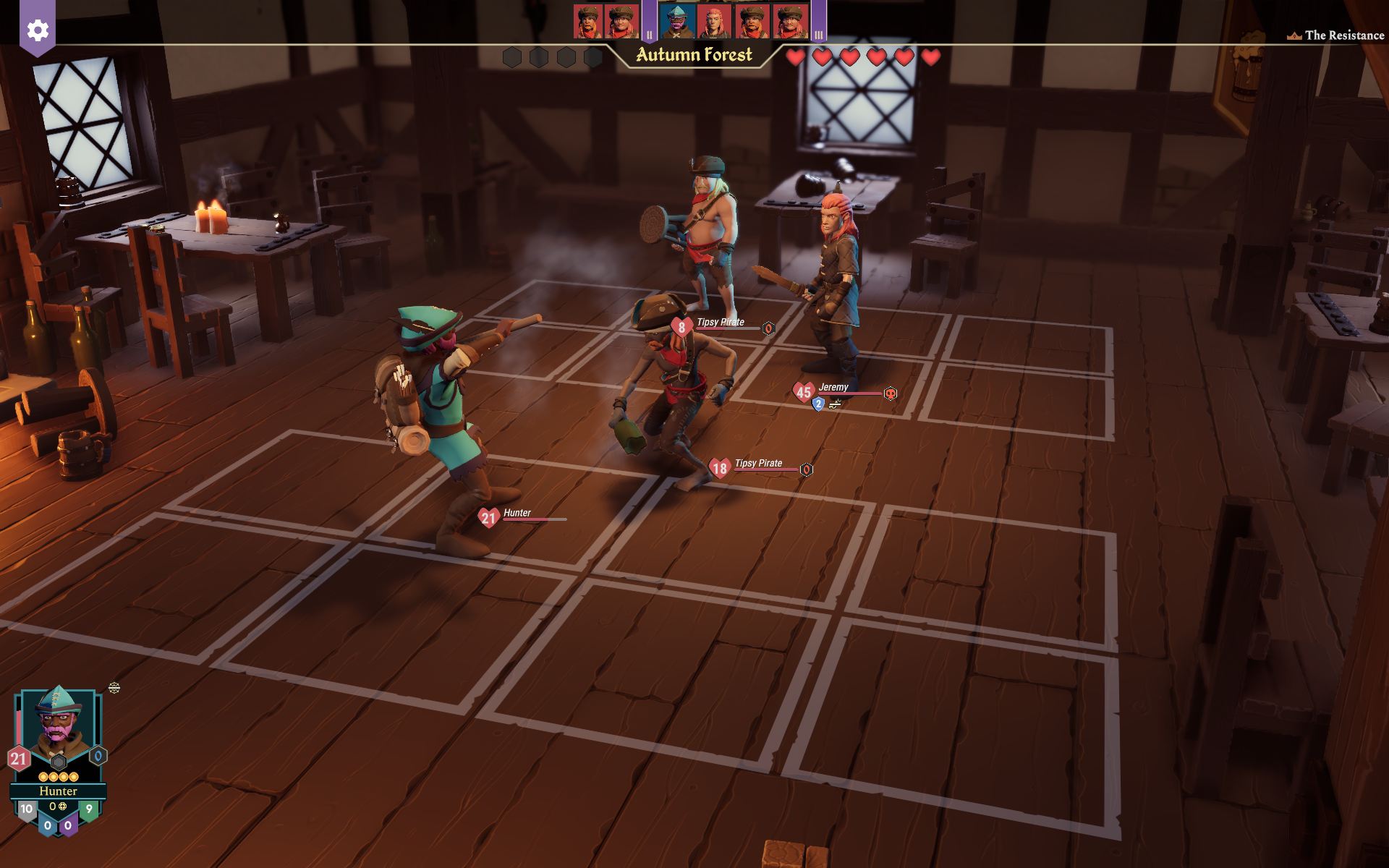 Turn-based battle with characters in a tavern setting from For The King 2.