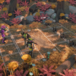 A purple character casts a spell, while two green characters are positioned nearby on a grid in a colorful forest setting.