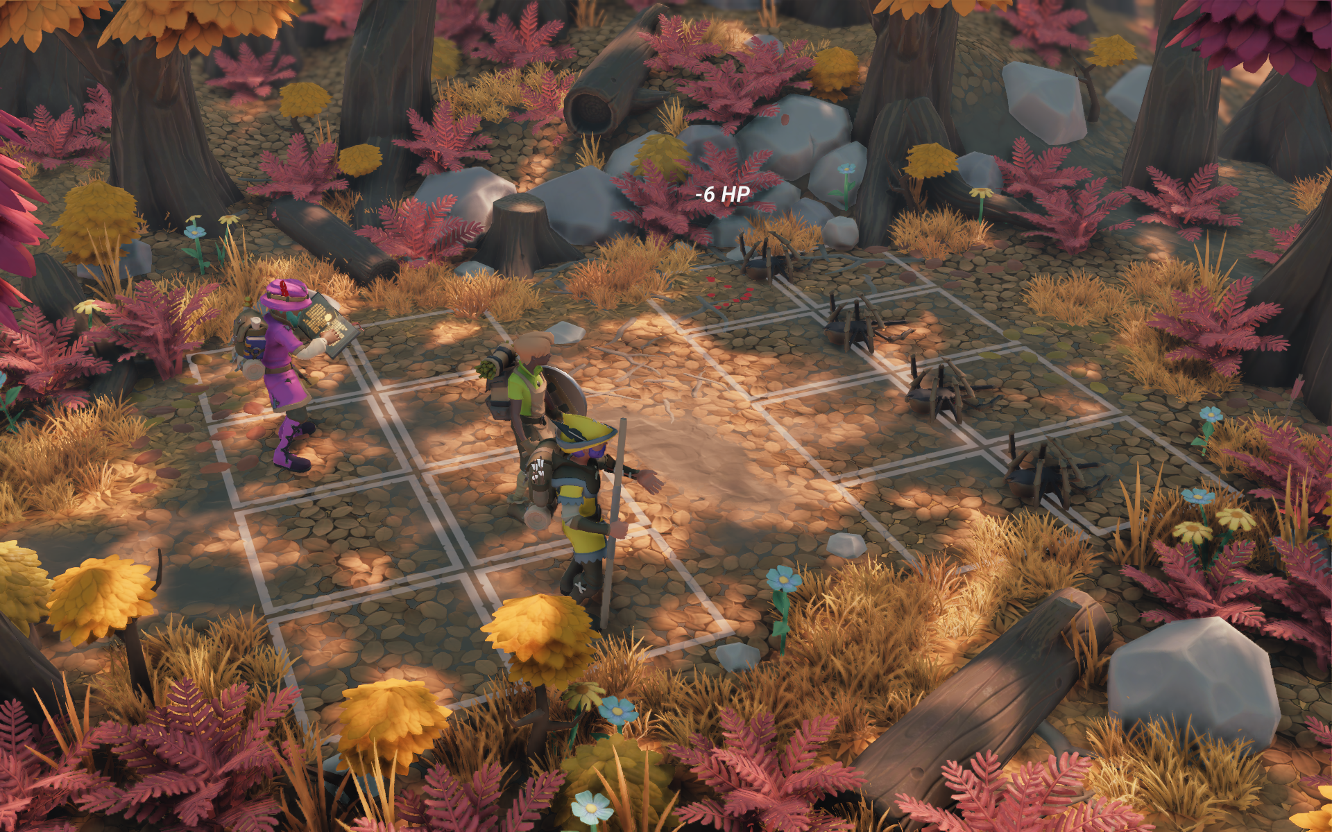 A purple character casts a spell, while two green characters are positioned nearby on a grid in a colorful forest setting.