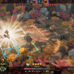 Gameplay screenshot of "For The King 2" showing a character reviving an ally in an autumn forest setting.