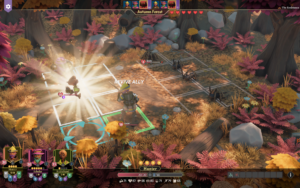 Gameplay screenshot of "For The King 2" showing a character reviving an ally in an autumn forest setting.