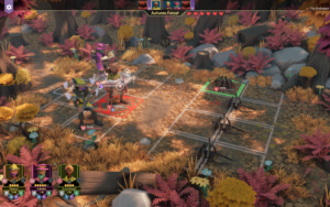 A tactical turn-based scene from "For The King 2," featuring characters in a colorful autumn forest setting, preparing for a battle against a spider enemy.