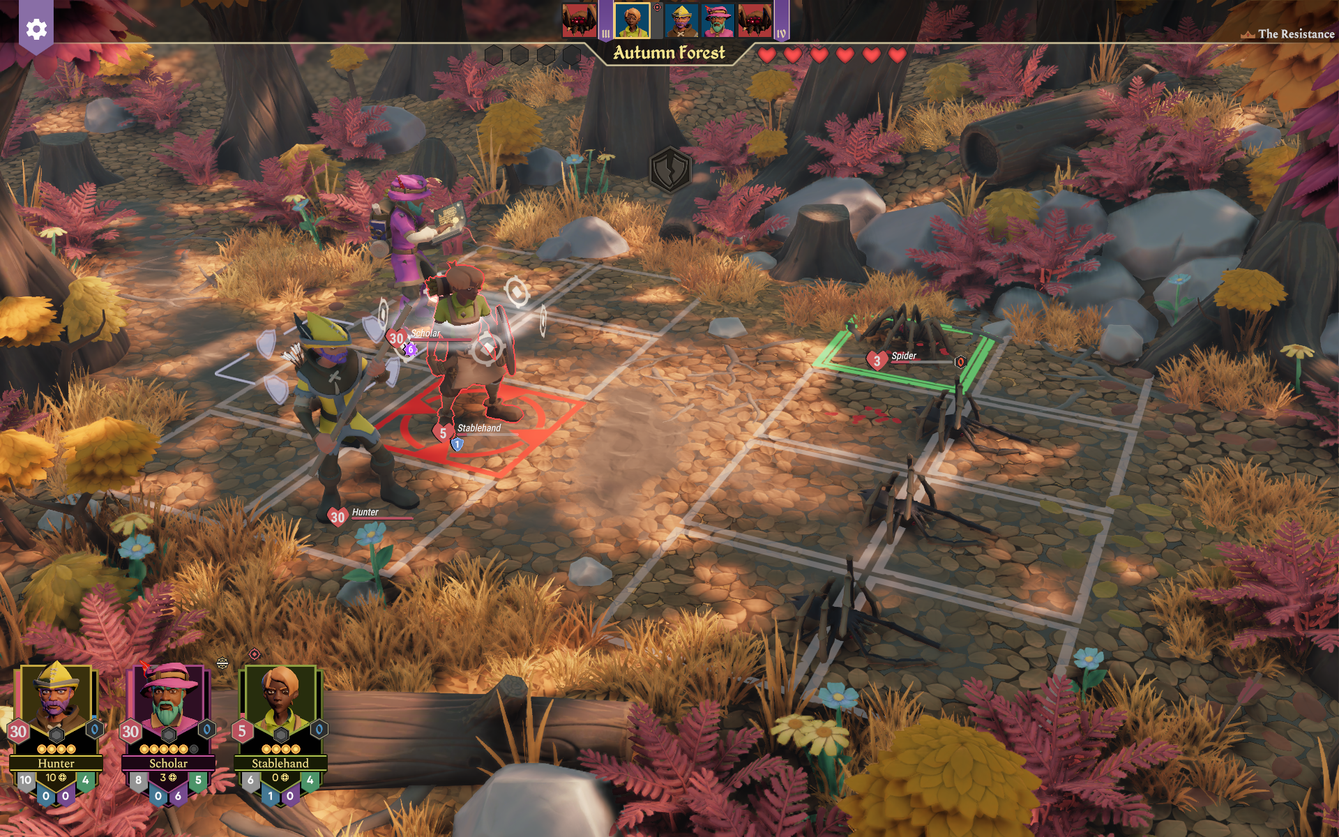 A tactical turn-based scene from "For The King 2," featuring characters in a colorful autumn forest setting, preparing for a battle against a spider enemy.