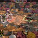A strategic turn-based battle scene in a colorful forest, featuring characters attacking spiders on a grid.