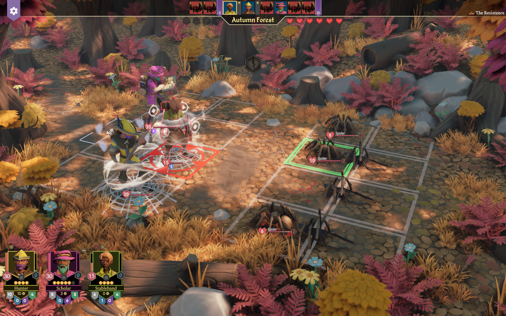 A strategic turn-based battle scene in a colorful forest, featuring characters attacking spiders on a grid.