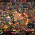 Screenshot of a turn-based battle in "For The King 2," featuring characters fighting spiders in a colorful autumn forest setting.