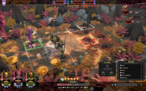 Screenshot of a turn-based battle in "For The King 2," featuring characters fighting spiders in a colorful autumn forest setting.