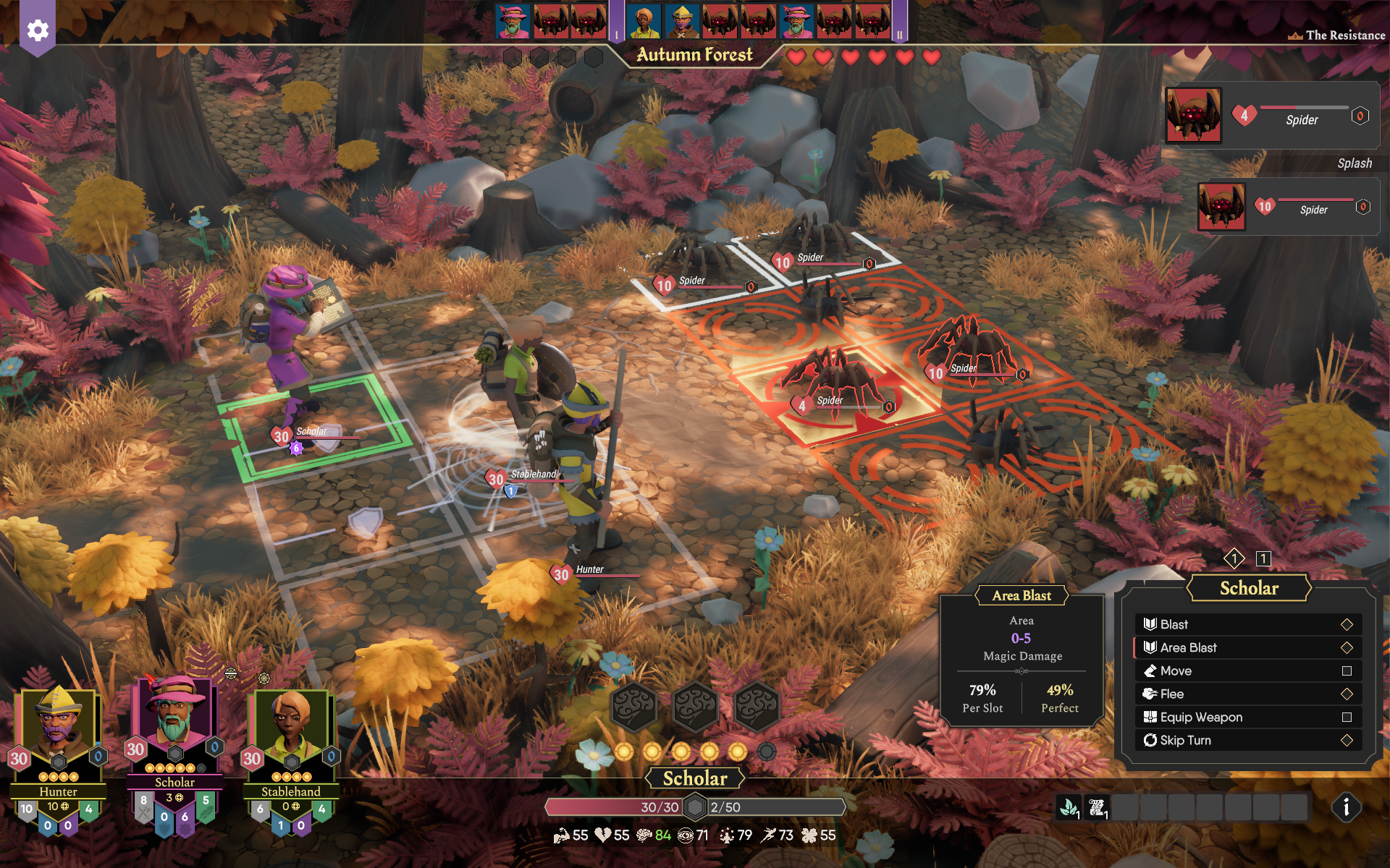 Screenshot of a turn-based battle in "For The King 2," featuring characters fighting spiders in a colorful autumn forest setting.