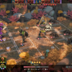 In a colorful forest, characters themed as a hunter and scholar engage in battle against spiders on a grid-based map.