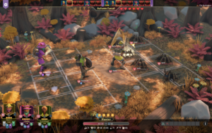 In a colorful forest, characters themed as a hunter and scholar engage in battle against spiders on a grid-based map.