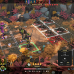 Screenshot of a turn-based strategy game scene featuring characters in a colorful autumn forest, engaging in combat with spiders.
