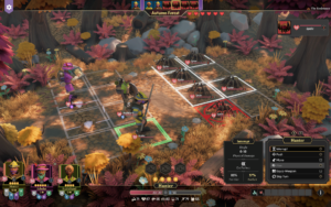 Screenshot of a turn-based strategy game scene featuring characters in a colorful autumn forest, engaging in combat with spiders.