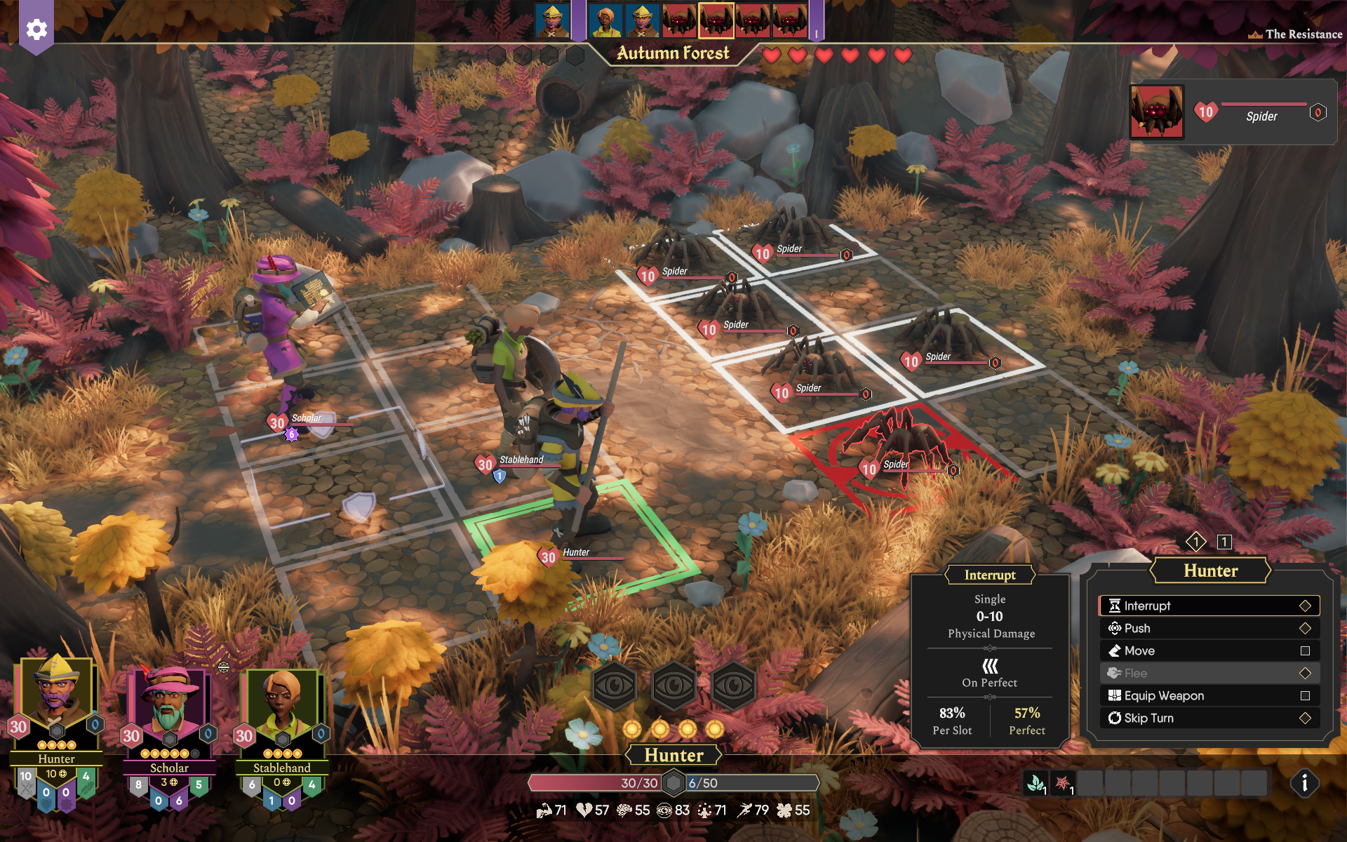 Screenshot of a turn-based strategy game scene featuring characters in a colorful autumn forest, engaging in combat with spiders.