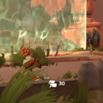 A character crouches in a colorful landscape with plants and a glowing portal in the background. A UI element displays ammo count.