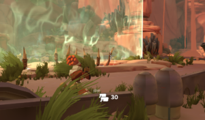 A character crouches in a colorful landscape with plants and a glowing portal in the background. A UI element displays ammo count.