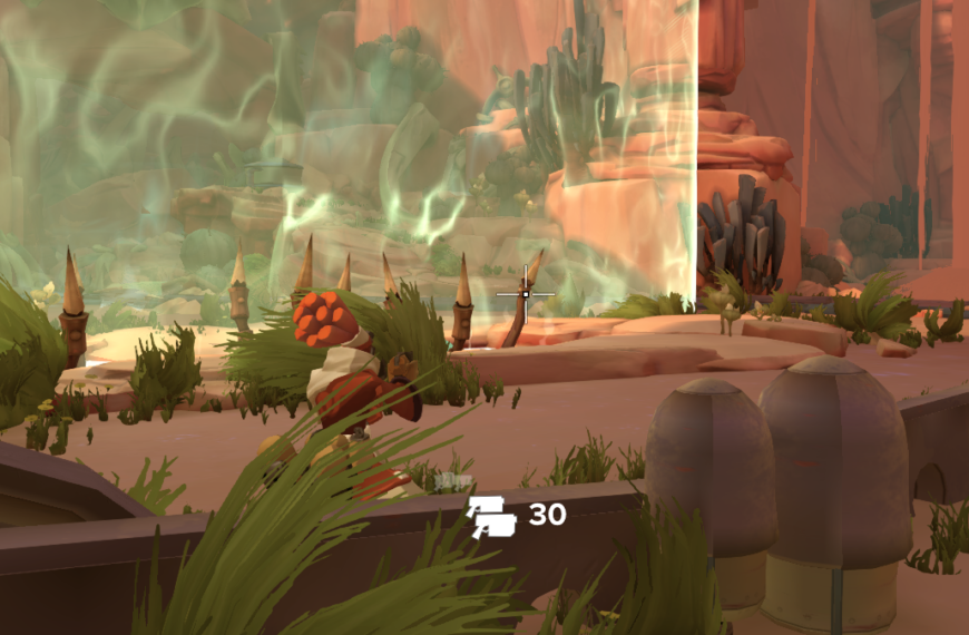 A character crouches in a colorful landscape with plants and a glowing portal in the background. A UI element displays ammo count.