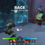 A character races towards a shooting range in a colorful video game environment, with a large, minotaur-like character nearby.