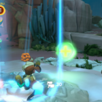 Screenshot from Gigantic: Rampage Edition showing a character collecting an orb in a vibrant, animated environment.