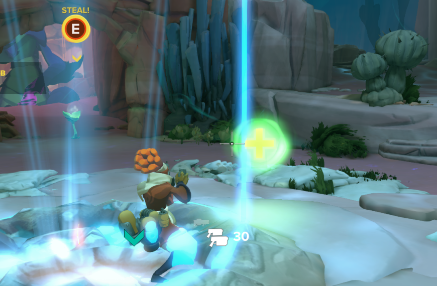 Screenshot from Gigantic: Rampage Edition showing a character collecting an orb in a vibrant, animated environment.