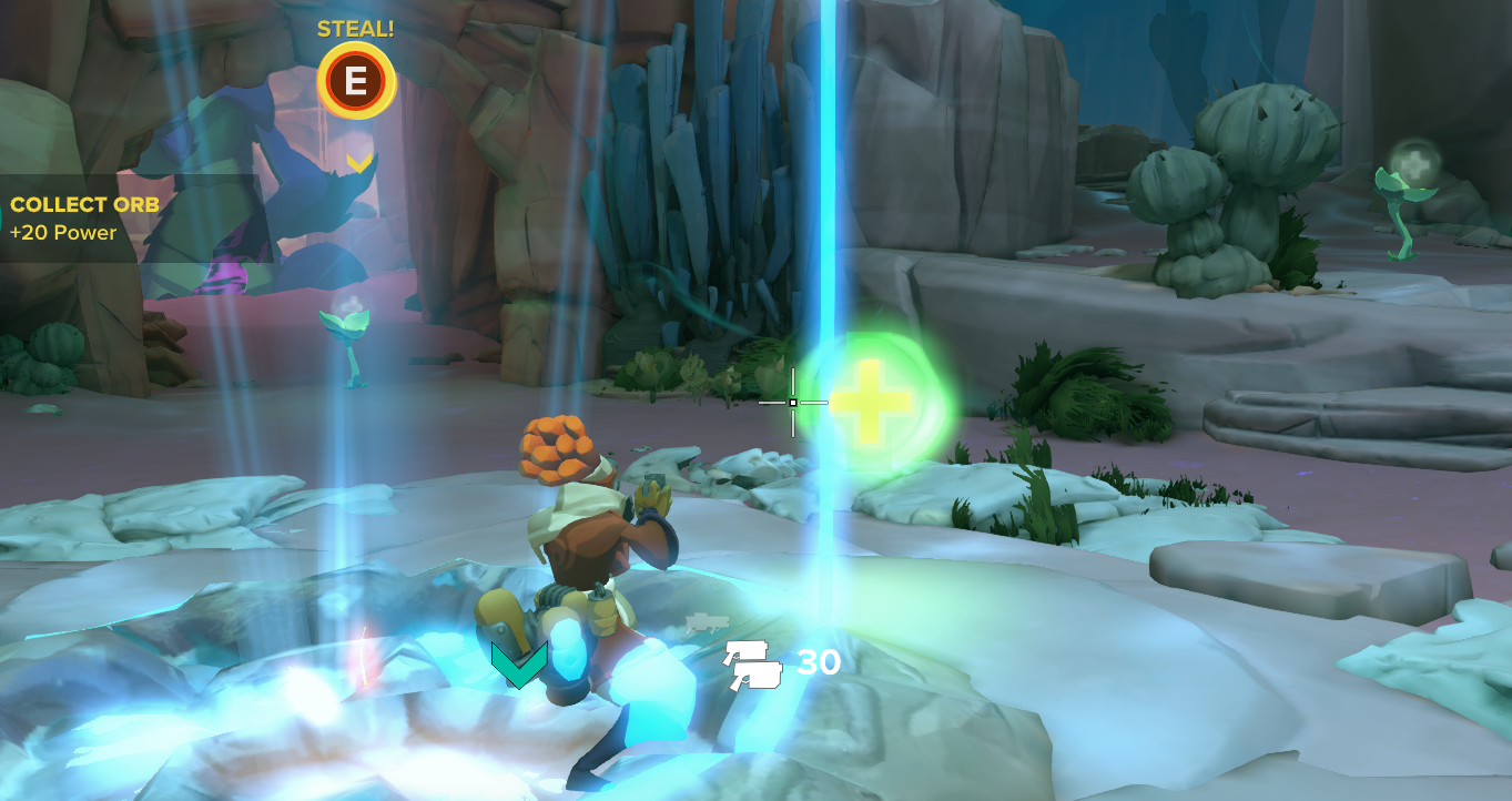 Screenshot from Gigantic: Rampage Edition showing a character collecting an orb in a vibrant, animated environment.