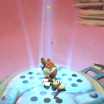 A character in a colorful environment prepares to shoot, with an aiming reticle and health indicator visible.