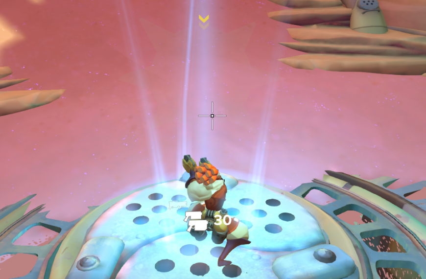 A character in a colorful environment prepares to shoot, with an aiming reticle and health indicator visible.