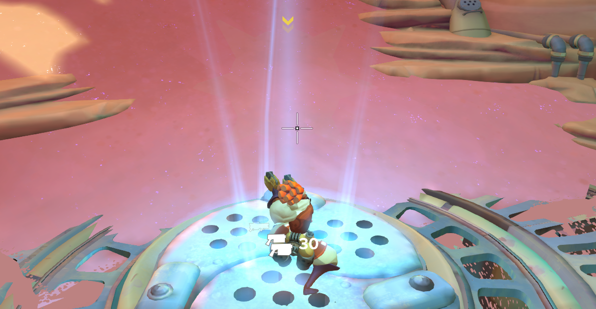 A character in a colorful environment prepares to shoot, with an aiming reticle and health indicator visible.