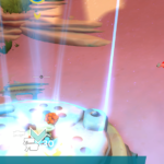 Screenshot from Gigantic: Rampage Edition showing a player's character on a platform with energy beams and a red object moving in the background.