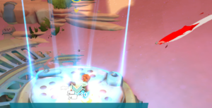 Screenshot from Gigantic: Rampage Edition showing a player's character on a platform with energy beams and a red object moving in the background.