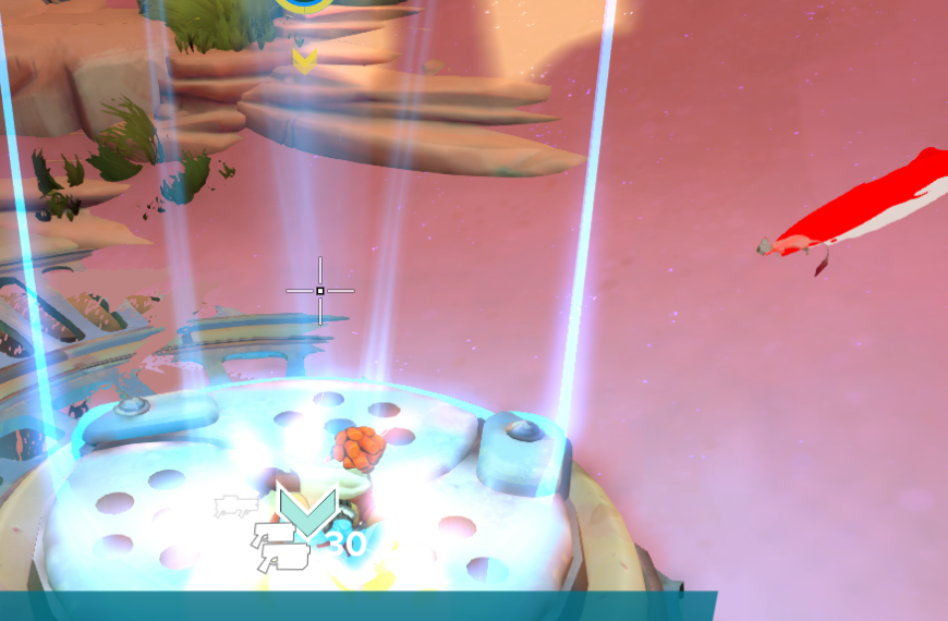 Screenshot from Gigantic: Rampage Edition showing a player's character on a platform with energy beams and a red object moving in the background.